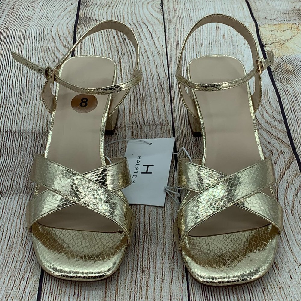 Halston Metallic Gold Snakeskin Strappy Heels - Picture 5 of 12